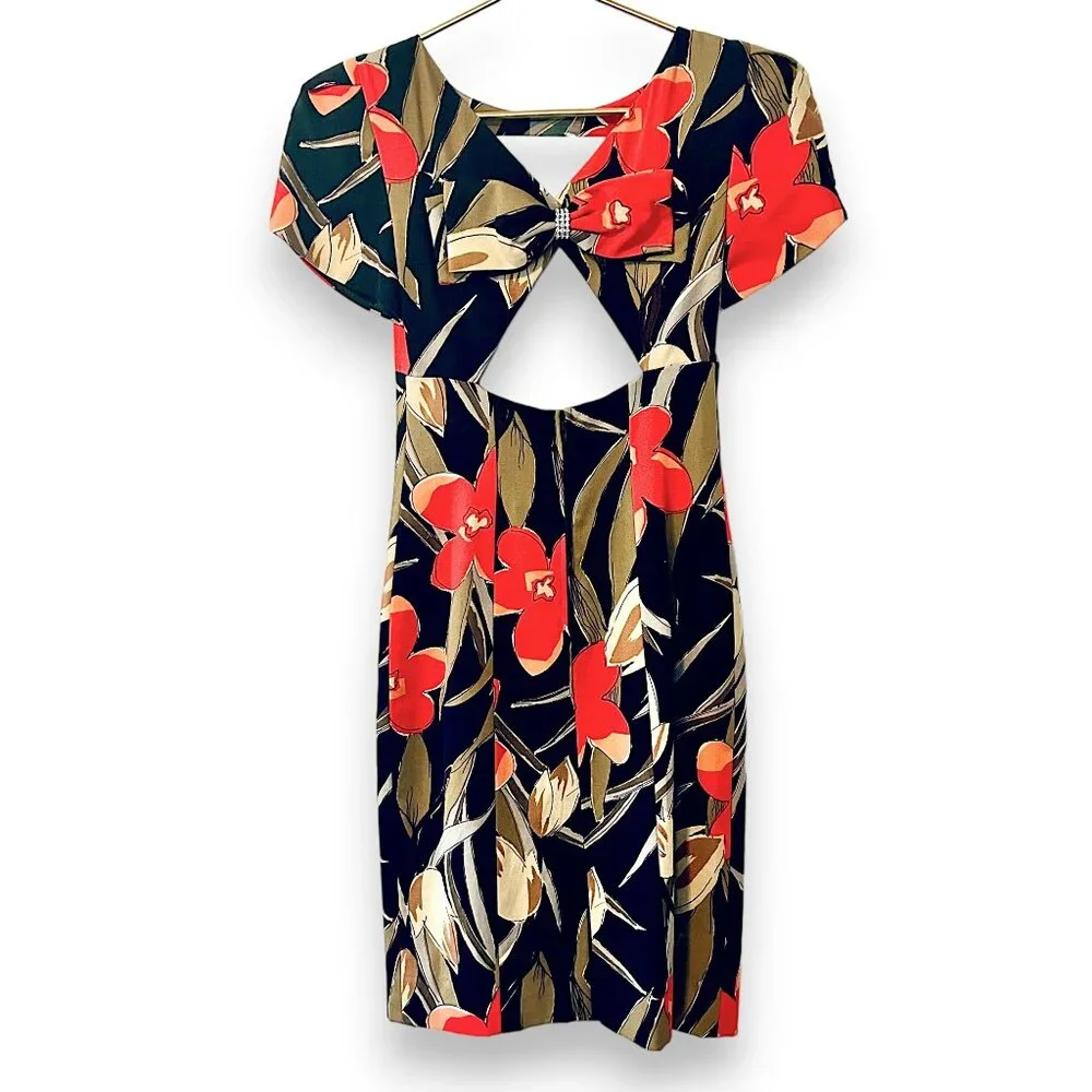 Vintage Leslie Faye 80’s Open-Back Floral Bow Cocktail Dress - Picture 2 of 10